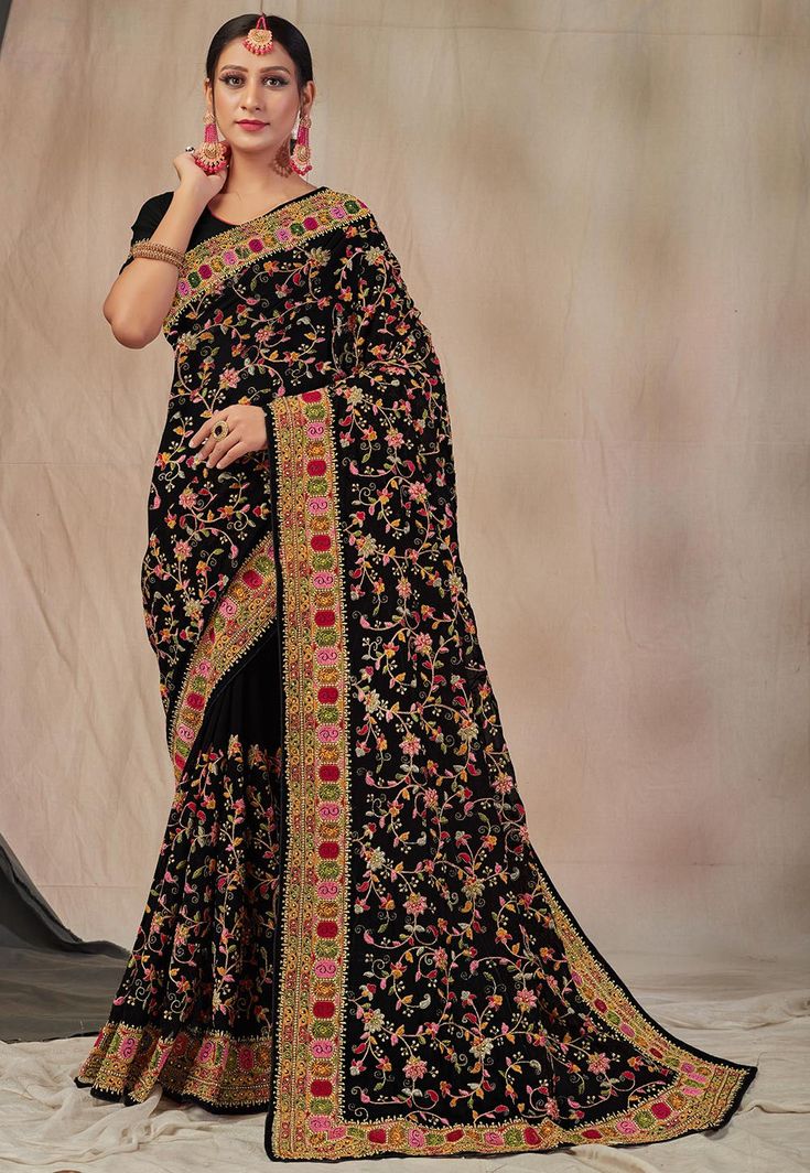 Embroidered Georgette Black Saree(Unstitched)