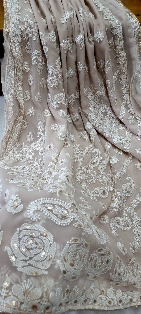 Women Georgette Chikankari Gotta Patti Work Saree(unstitched)